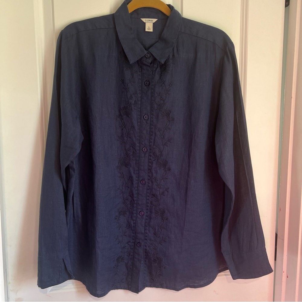 L. L. Bean 100% Linen Navy Blue Button-Up Shirt
